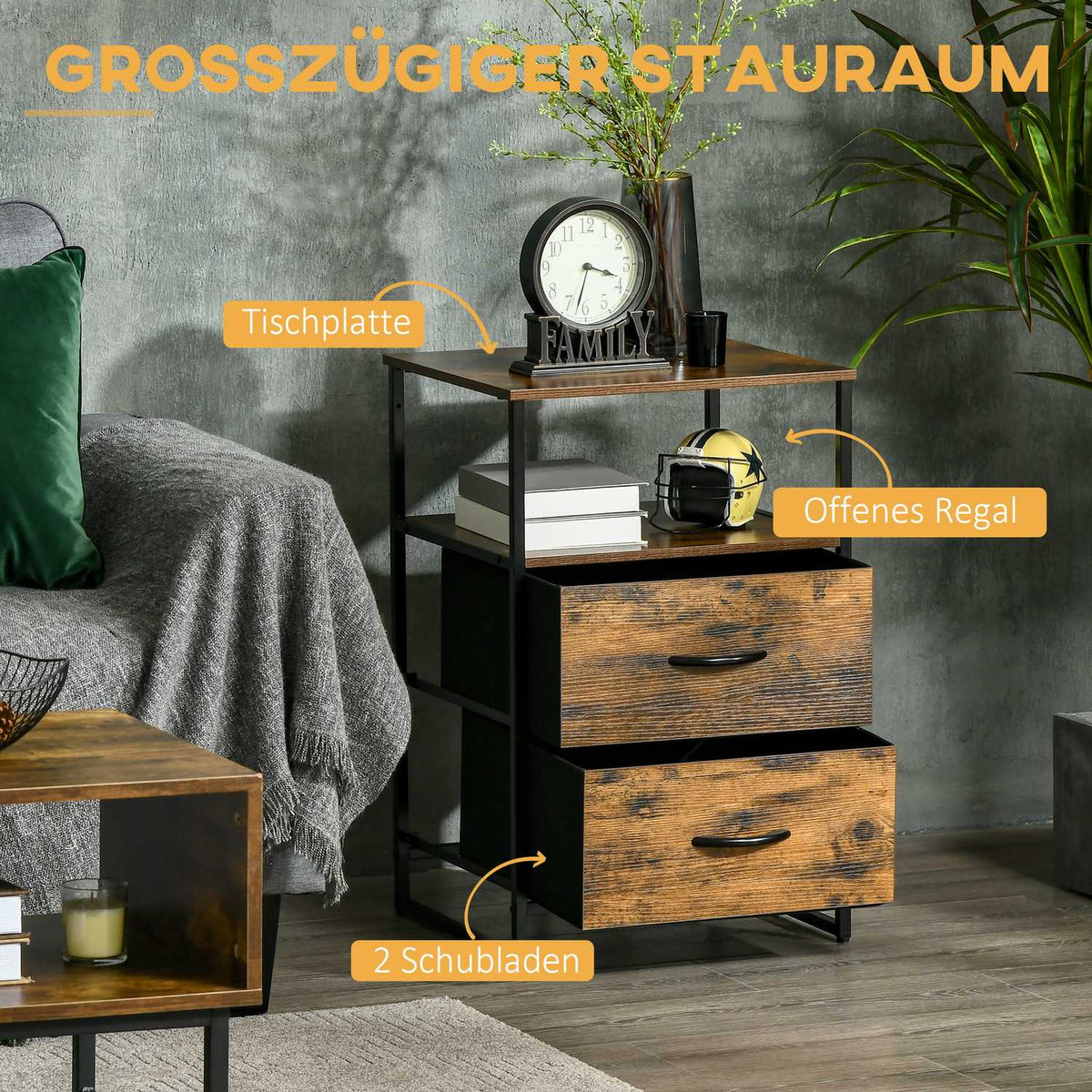 Chest of Drawers, Storage Cabinet with Foldable Fabric Drawers, Industrial Style Shelf, Side Cabinet for Living Room, Rustic Brown