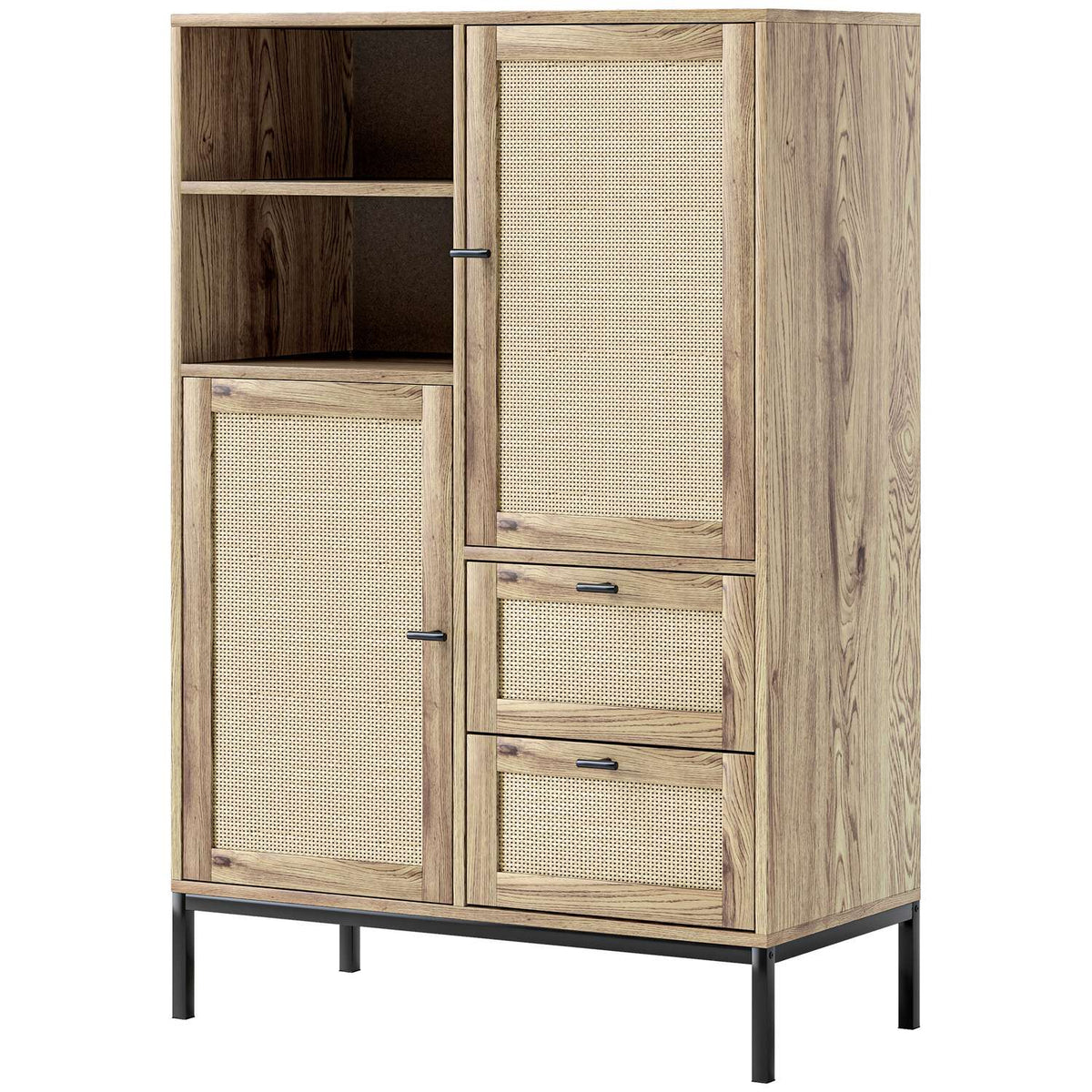 Chest of Drawers Storage Cabinet with Rattan Doors Multipurpose Cabinet with Drawers and Adjustable Shelves Metal Frame for Living Room Bedroom Dining Room 80x40x120cm Natural Wood