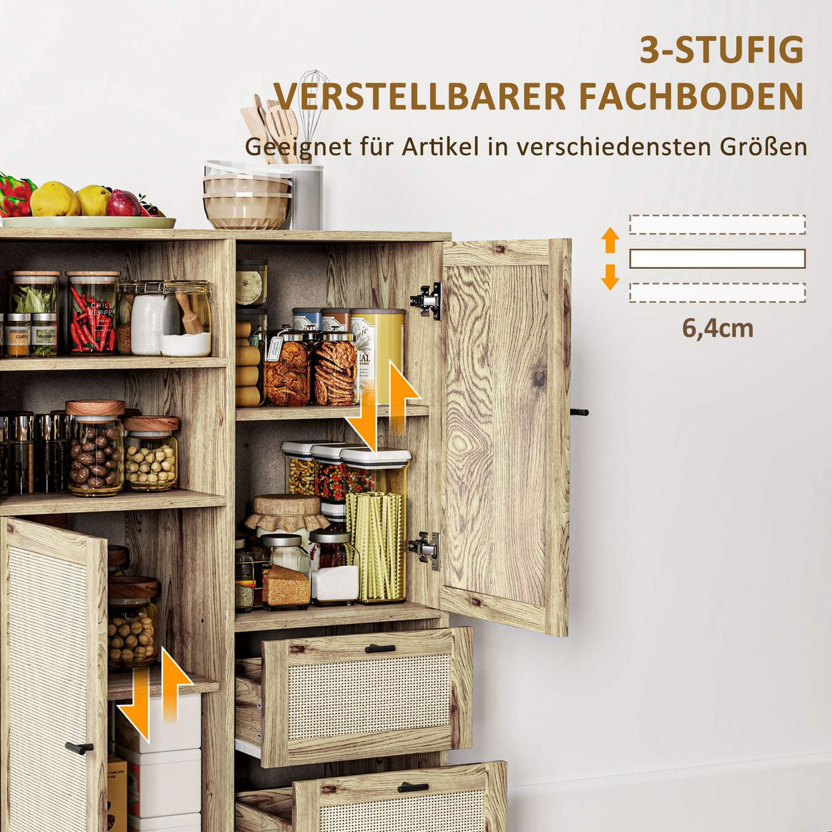 Chest of Drawers Storage Cabinet with Rattan Doors Multipurpose Cabinet with Drawers and Adjustable Shelves Metal Frame for Living Room Bedroom Dining Room 80x40x120cm Natural Wood