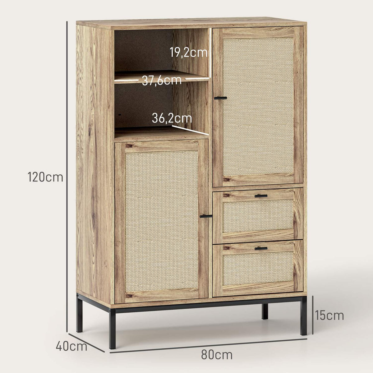 Chest of Drawers Storage Cabinet with Rattan Doors Multipurpose Cabinet with Drawers and Adjustable Shelves Metal Frame for Living Room Bedroom Dining Room 80x40x120cm Natural Wood