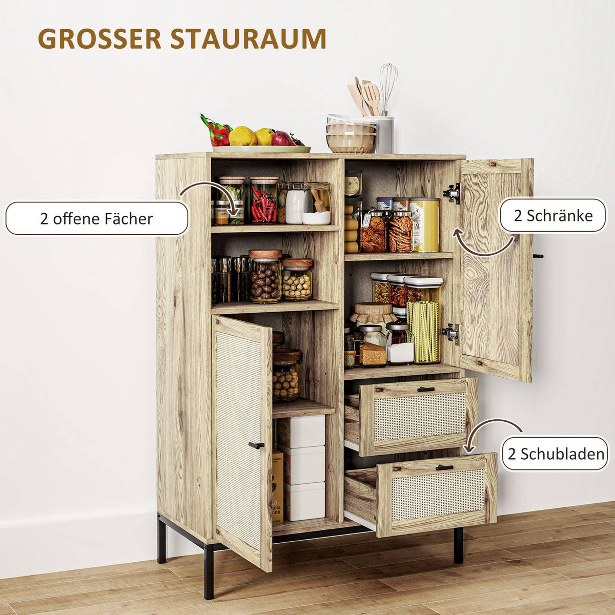 Chest of Drawers Storage Cabinet with Rattan Doors Multipurpose Cabinet with Drawers and Adjustable Shelves Metal Frame for Living Room Bedroom Dining Room 80x40x120cm Natural Wood