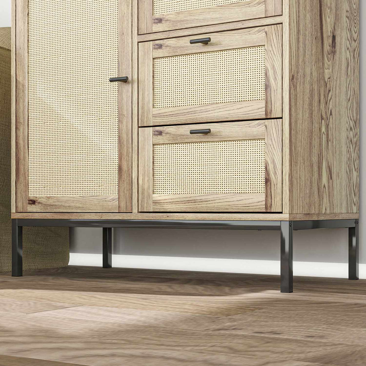 Chest of Drawers Storage Cabinet with Rattan Doors Multipurpose Cabinet with Drawers and Adjustable Shelves Metal Frame for Living Room Bedroom Dining Room 80x40x120cm Natural Wood