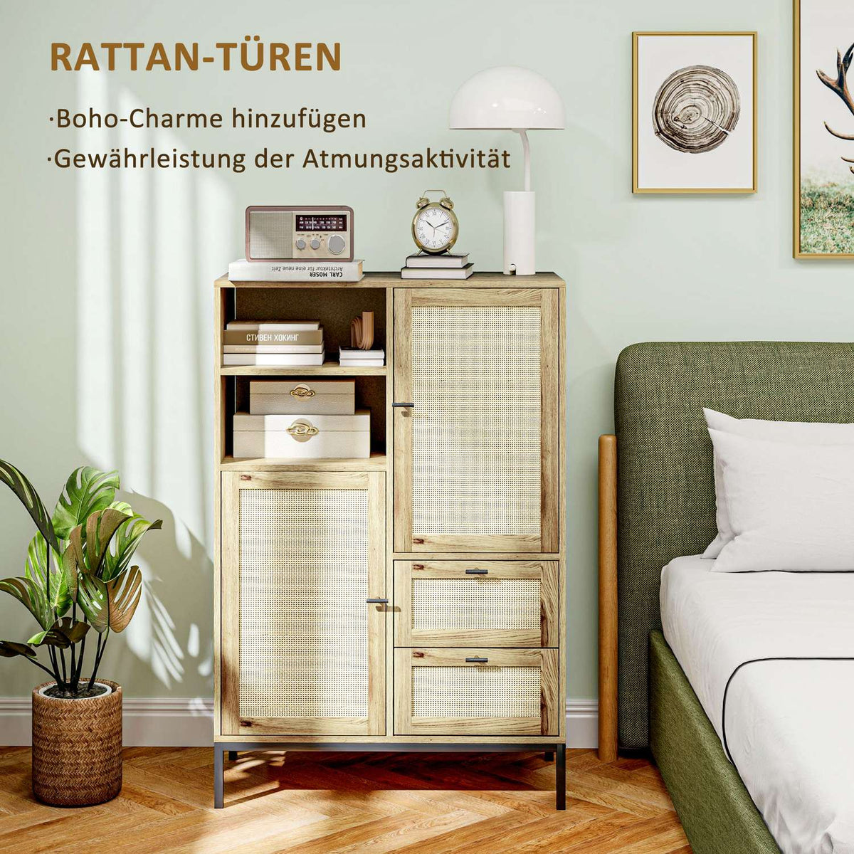 Chest of Drawers Storage Cabinet with Rattan Doors Multipurpose Cabinet with Drawers and Adjustable Shelves Metal Frame for Living Room Bedroom Dining Room 80x40x120cm Natural Wood