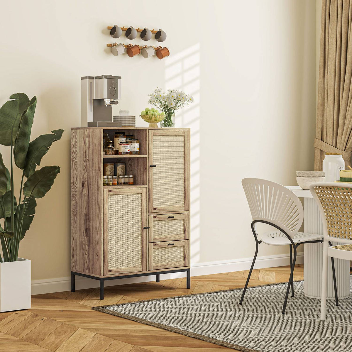 Chest of Drawers Storage Cabinet with Rattan Doors Multipurpose Cabinet with Drawers and Adjustable Shelves Metal Frame for Living Room Bedroom Dining Room 80x40x120cm Natural Wood