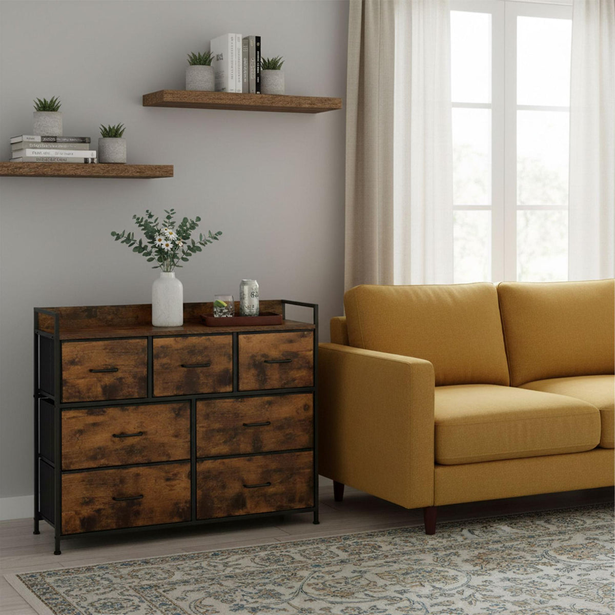 Chest of Drawers with 7 Fabric Bins, Metal Frame