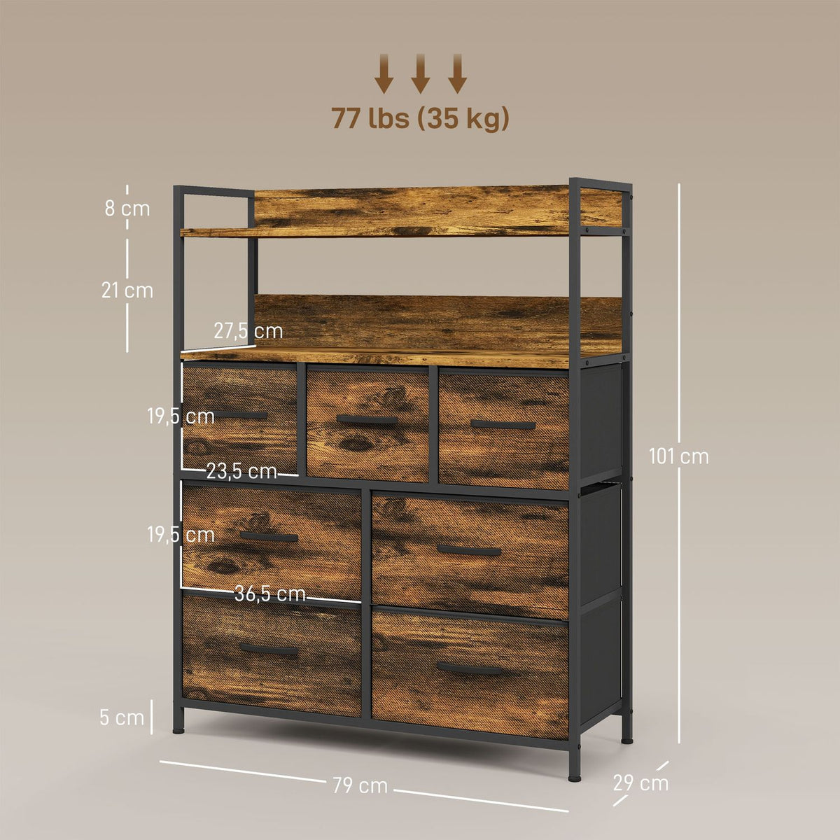 Chest of Drawers with 7 Fabric Folding Drawers Storage Cabinet Chest of Drawers with 2 Shelves Steel Frame for Bedroom Living Room Rustic Brown