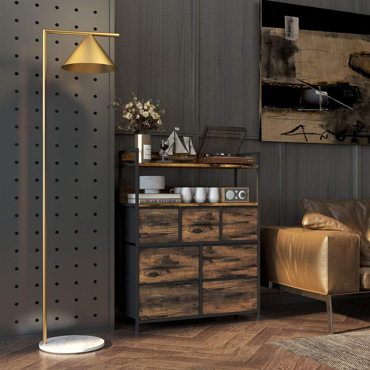 Chest of Drawers with 7 Fabric Folding Drawers Storage Cabinet Chest of Drawers with 2 Shelves Steel Frame for Bedroom Living Room Rustic Brown