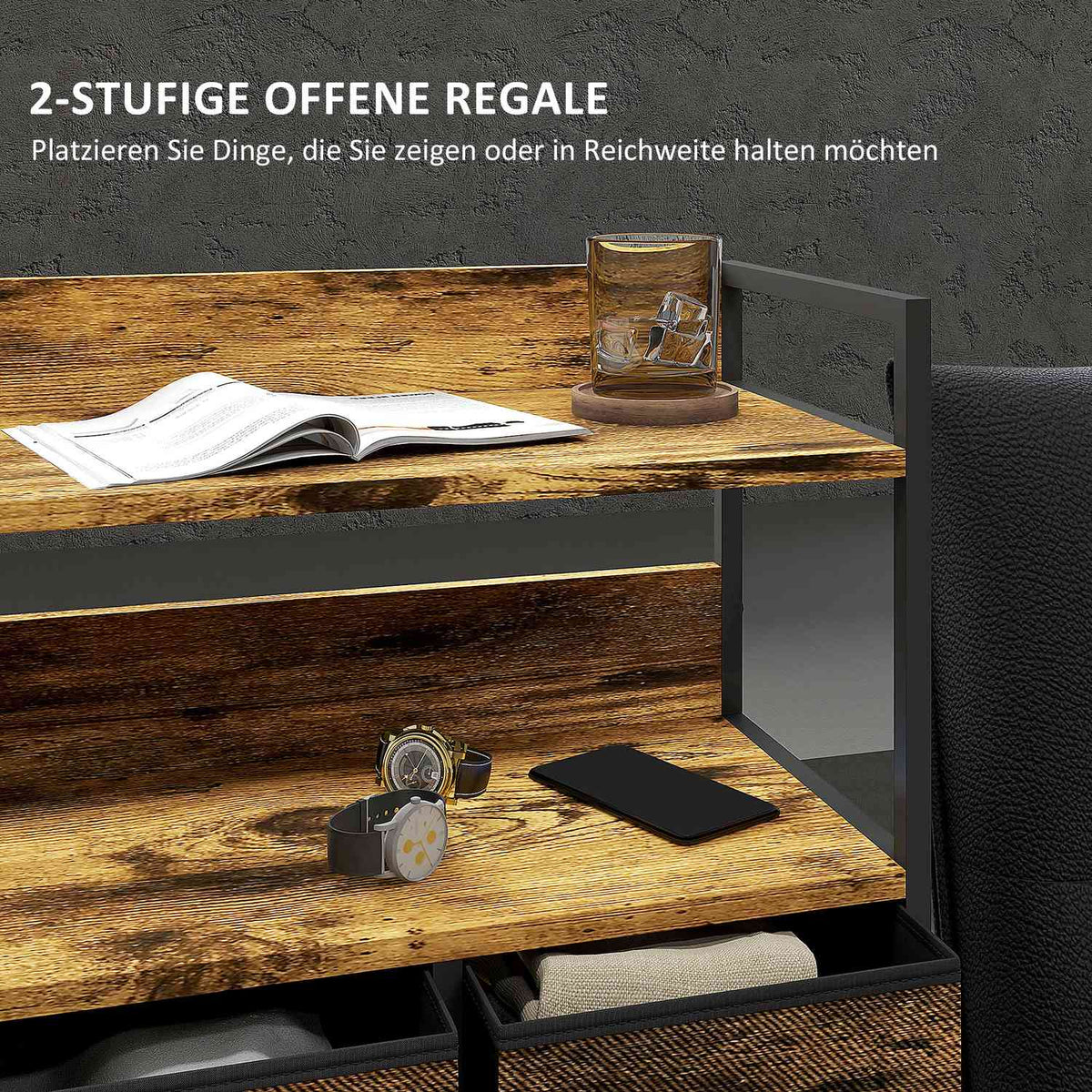 Chest of Drawers with 7 Fabric Folding Drawers Storage Cabinet Chest of Drawers with 2 Shelves Steel Frame for Bedroom Living Room Rustic Brown