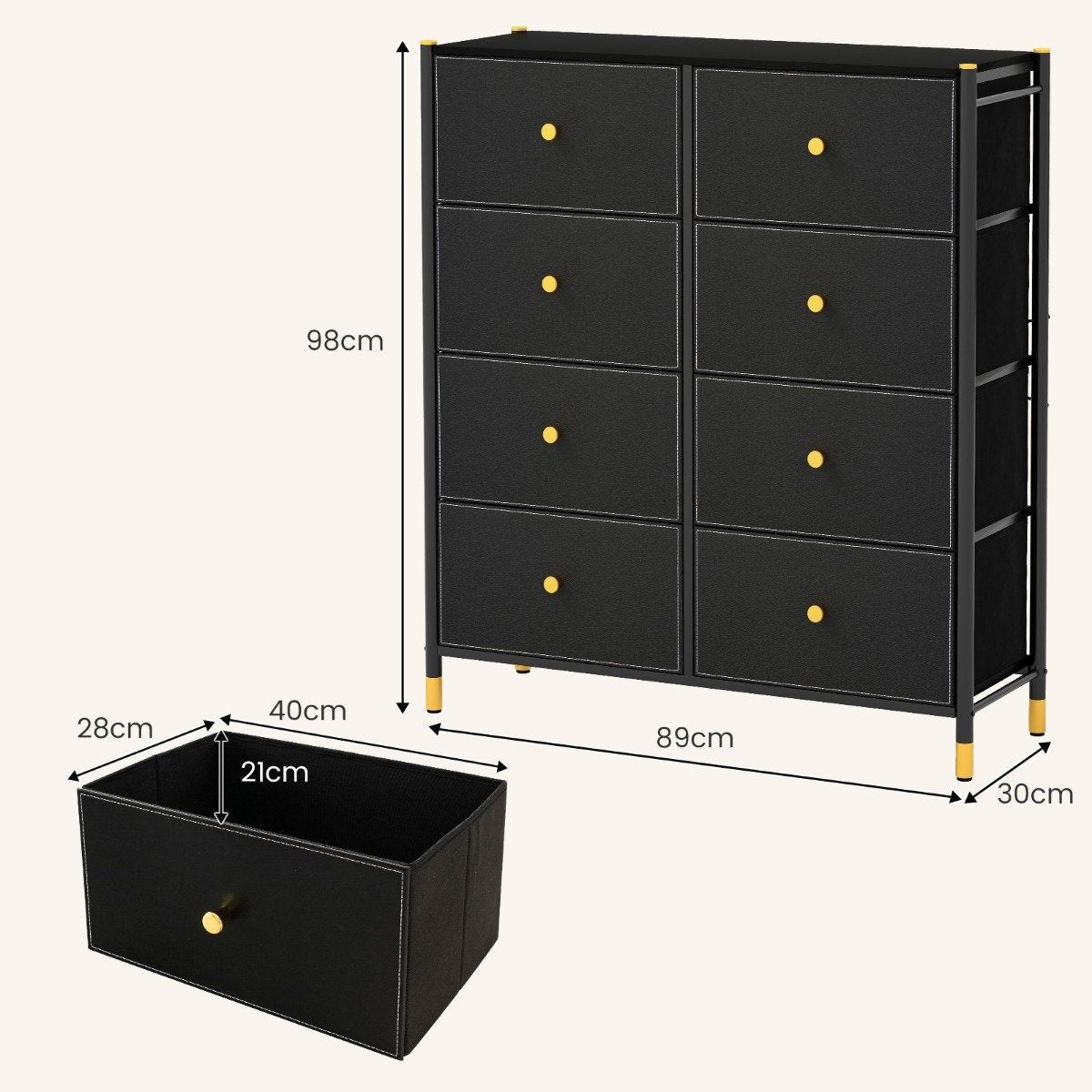 Chest of drawers for bedroom with 8 drawers high fabric chest of drawers with metal frame 89 x 30 x 98 cm black
