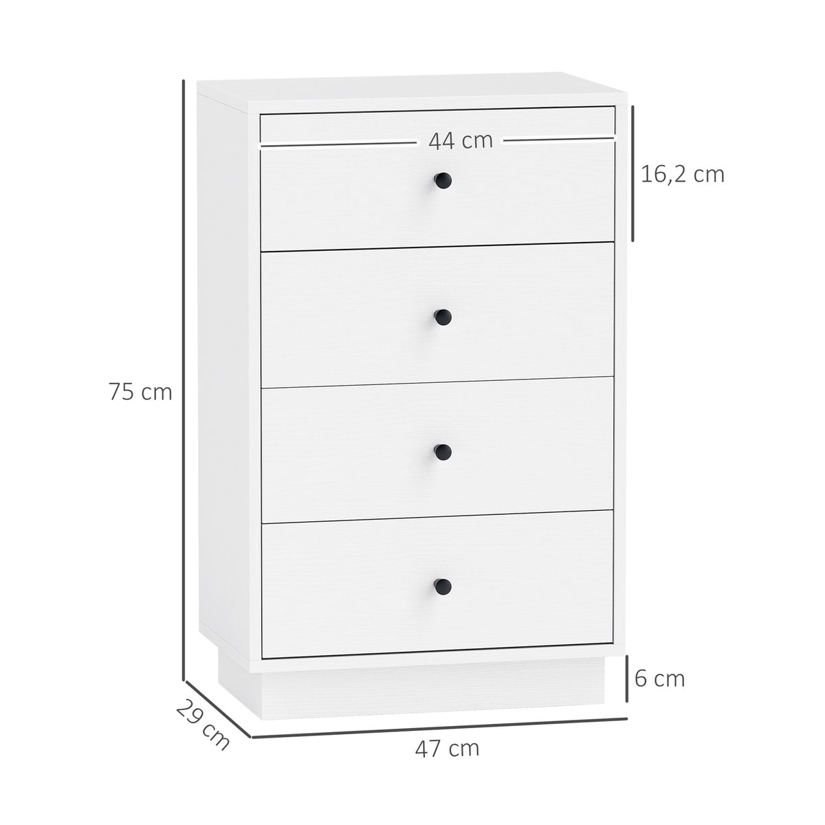Chest of drawers, sideboard with 4 drawers, cabinet made of wood material, storage cabinet in modern style, drawer cabinet, chest of drawers for living room, bedroom, hallway, 47 x 29 x 75 cm, white