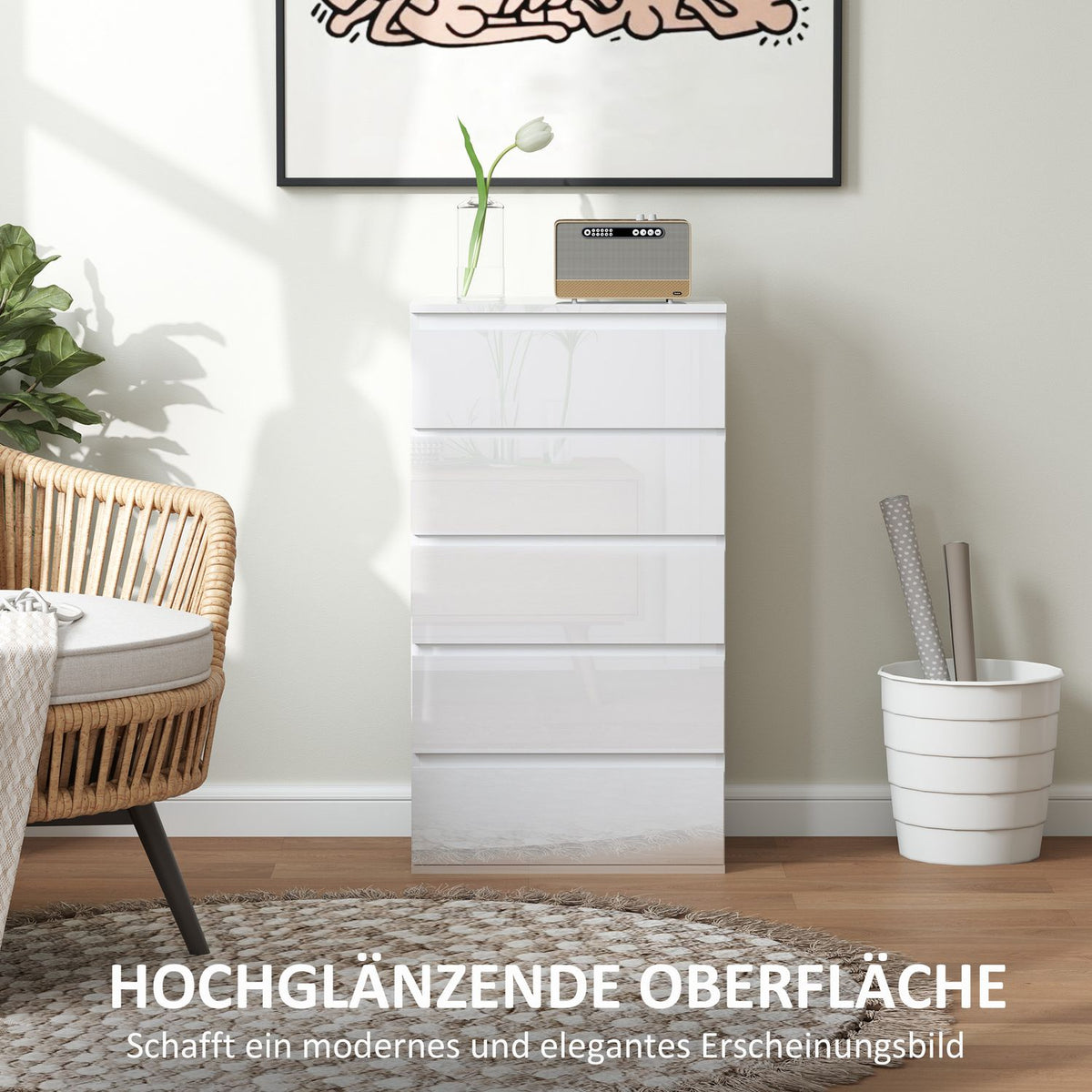 Chest of drawers, sideboard with 5 drawers, office cabinet with anti-tip pull tabs, for living room, bedroom, white, 55 x 34 x 100 cm |