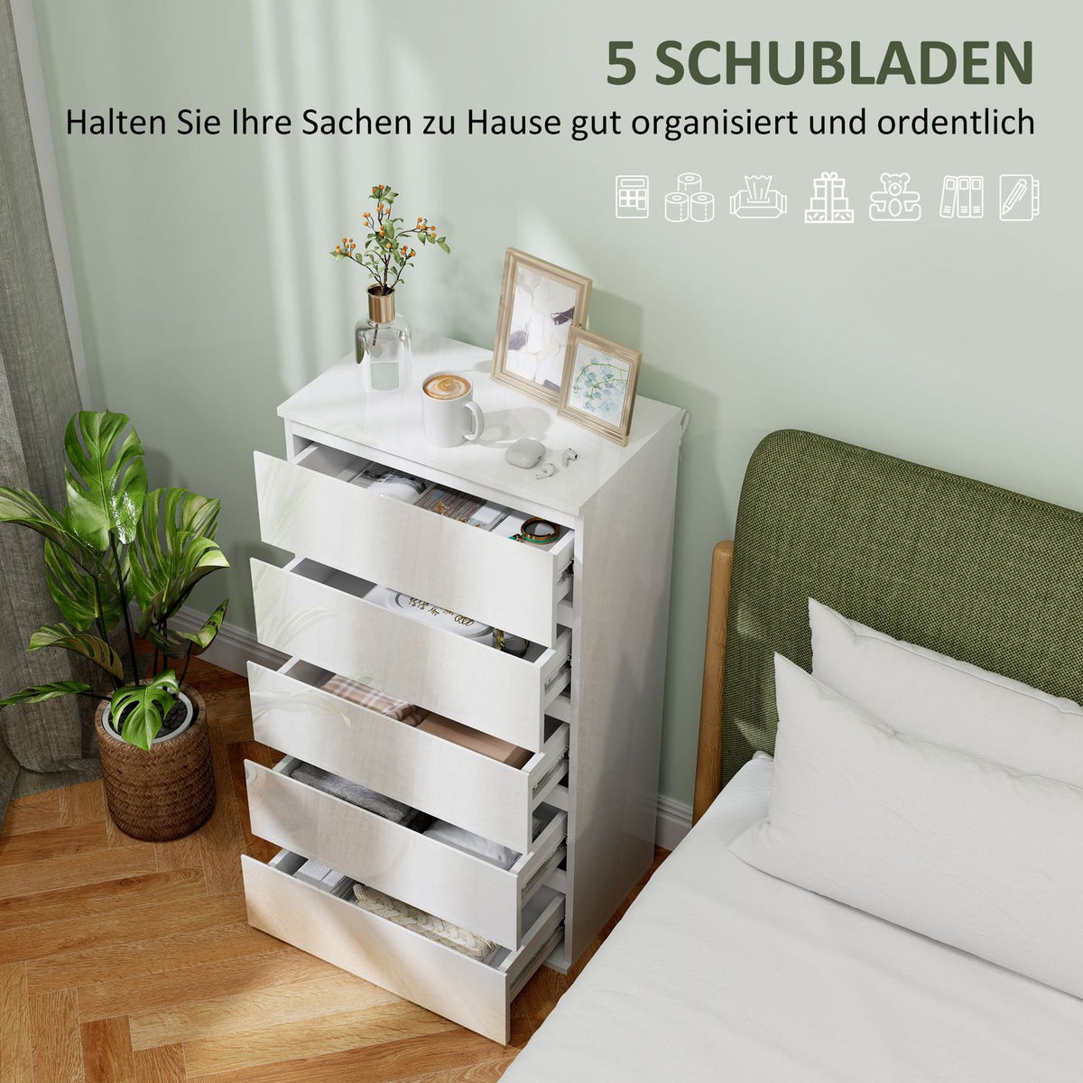 Chest of drawers, sideboard with 5 drawers, office cabinet with anti-tip pull tabs, for living room, bedroom, white, 55 x 34 x 100 cm |