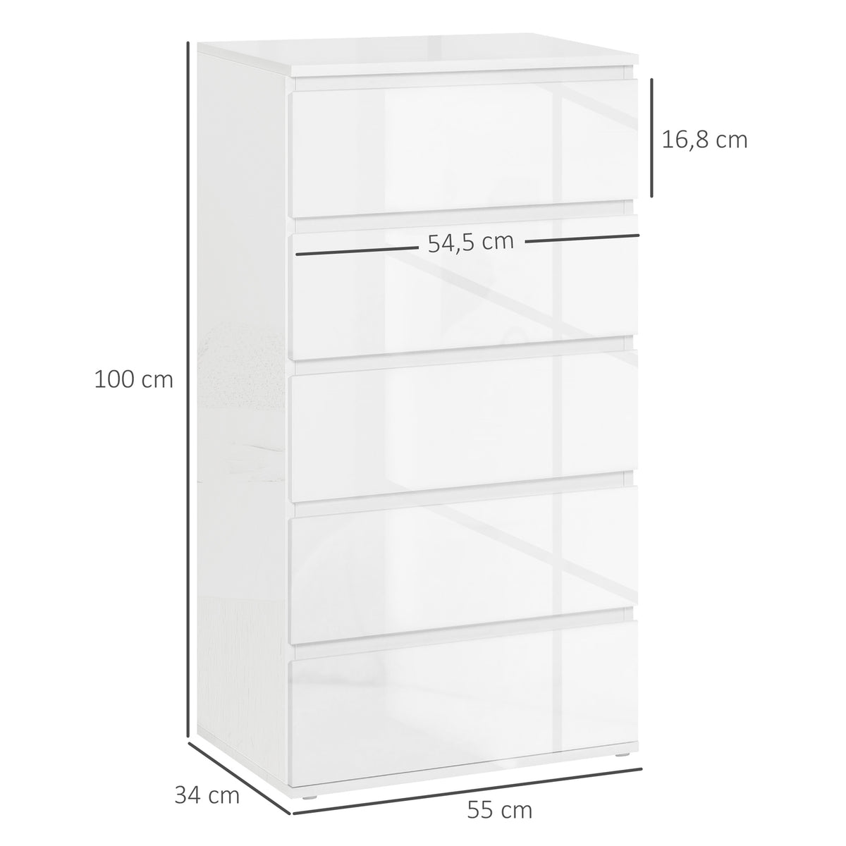 Chest of drawers, sideboard with 5 drawers, office cabinet with anti-tip pull tabs, for living room, bedroom, white, 55 x 34 x 100 cm |