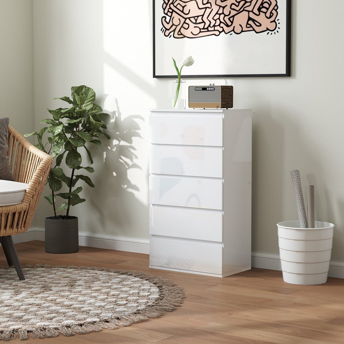 Chest of drawers, sideboard with 5 drawers, office cabinet with anti-tip pull tabs, for living room, bedroom, white, 55 x 34 x 100 cm |