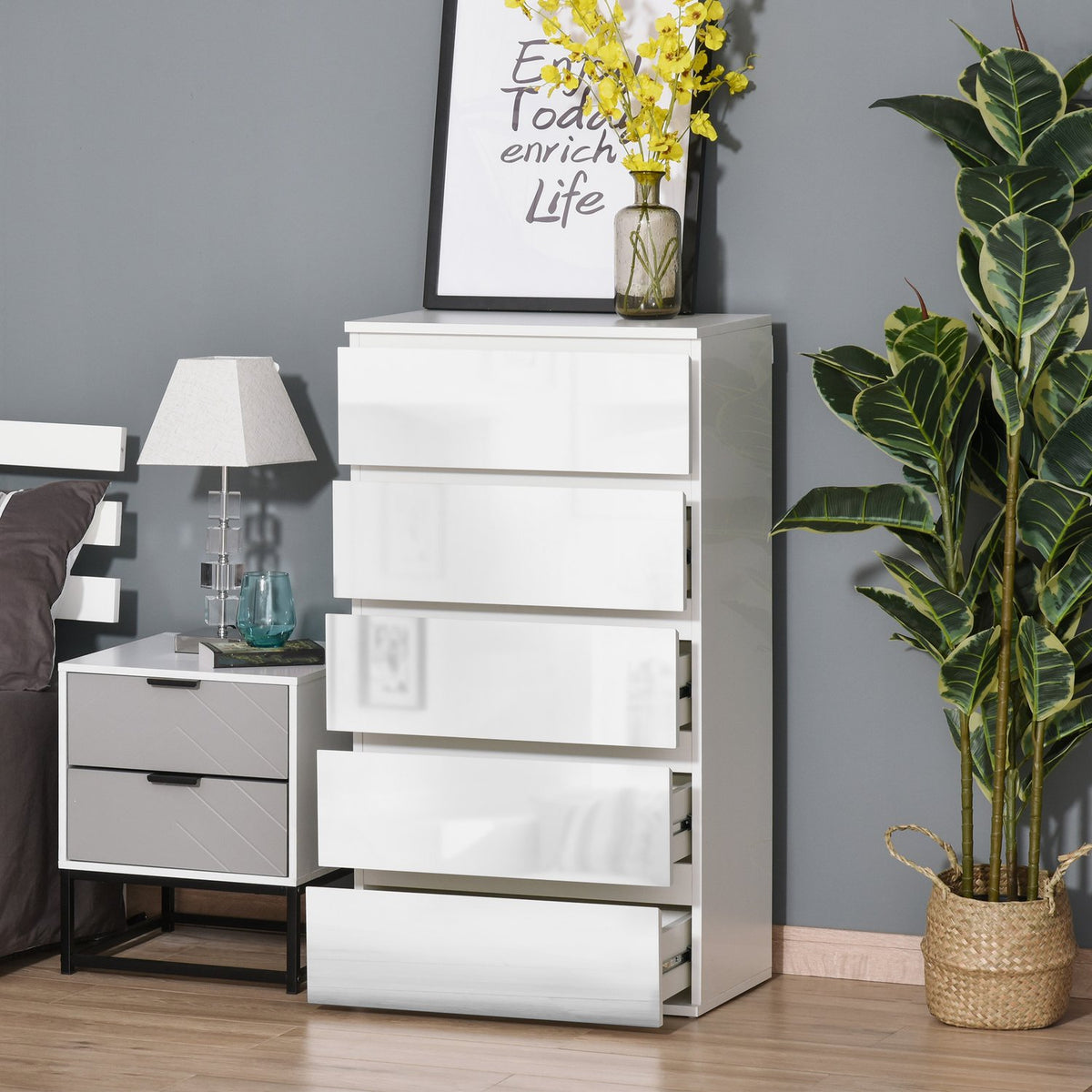Chest of drawers, sideboard with 5 drawers, office cabinet with anti-tip pull tabs, for living room, bedroom, white, 55 x 34 x 100 cm |