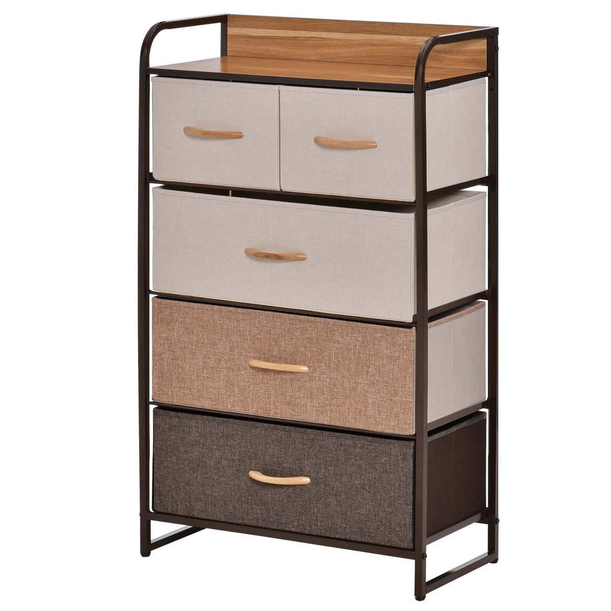 Chest of drawers, sideboard with 5 foldable fabric drawers, handle, storage cabinet with anti-tip protection for living room, bedroom, brown
