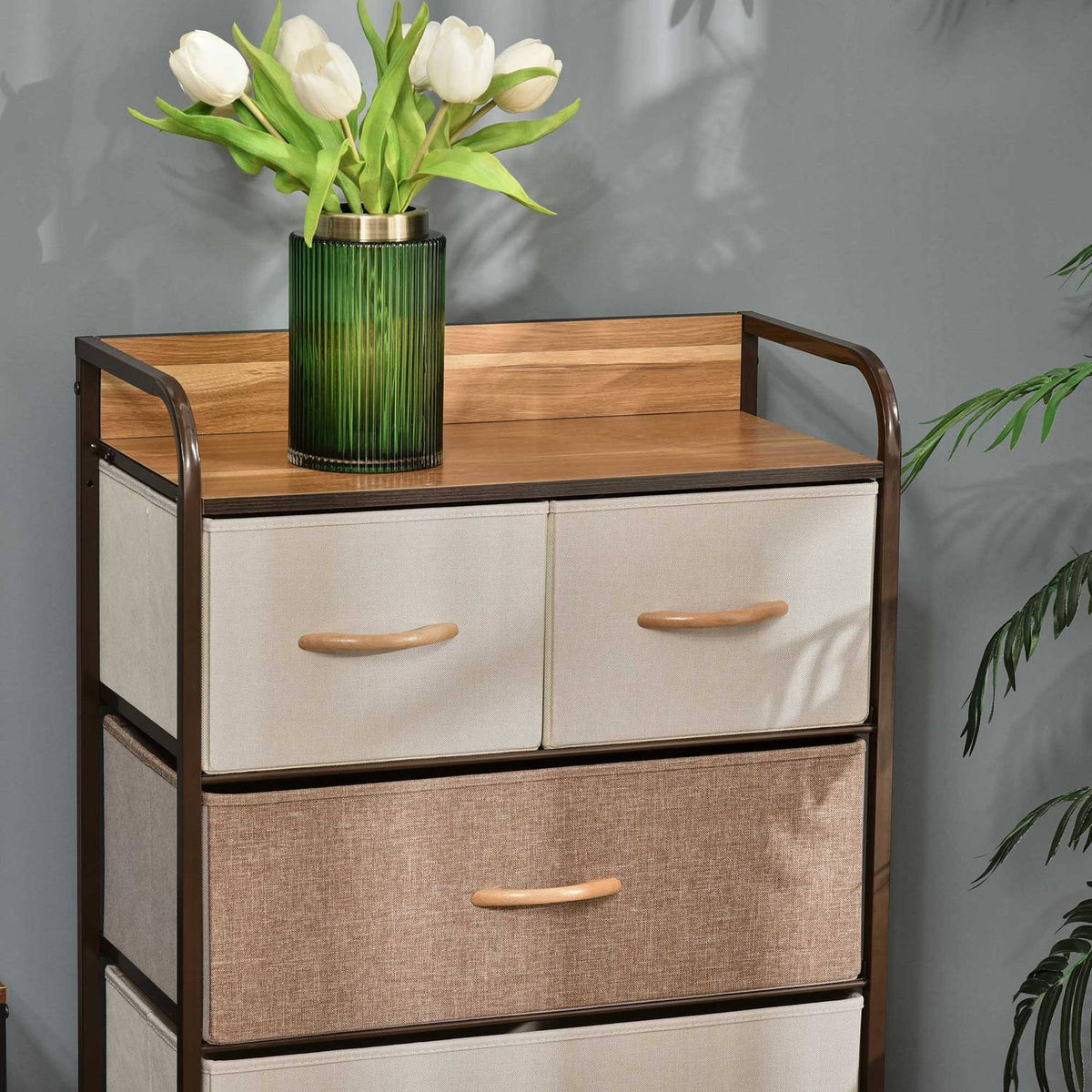 Chest of drawers, sideboard with 5 foldable fabric drawers, handle, storage cabinet with anti-tip protection for living room, bedroom, brown