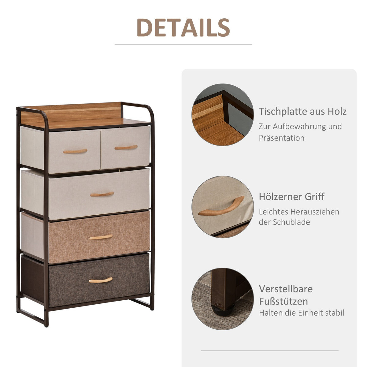 Chest of drawers, sideboard with 5 foldable fabric drawers, handle, storage cabinet with anti-tip protection for living room, bedroom, brown
