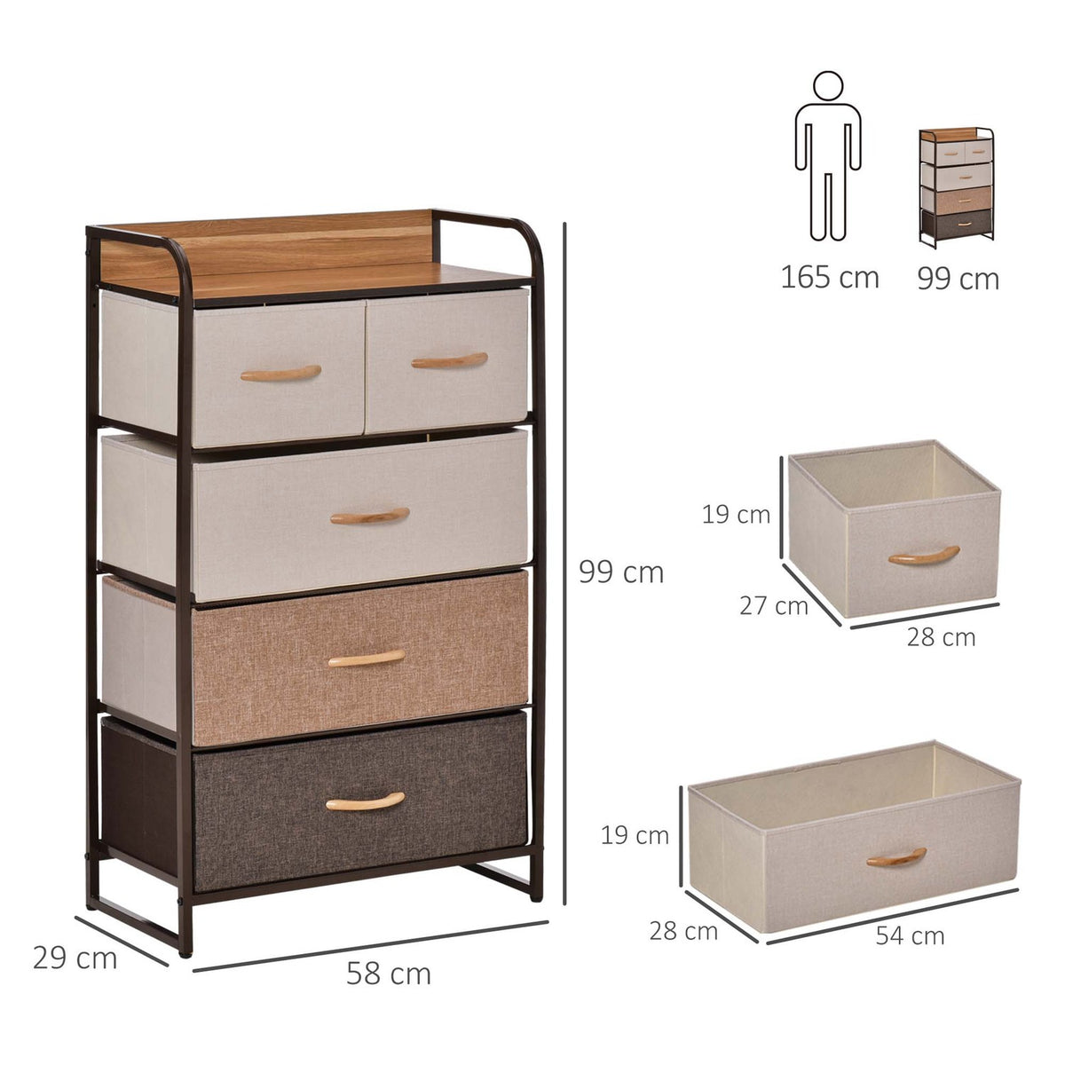Chest of drawers, sideboard with 5 foldable fabric drawers, handle, storage cabinet with anti-tip protection for living room, bedroom, brown