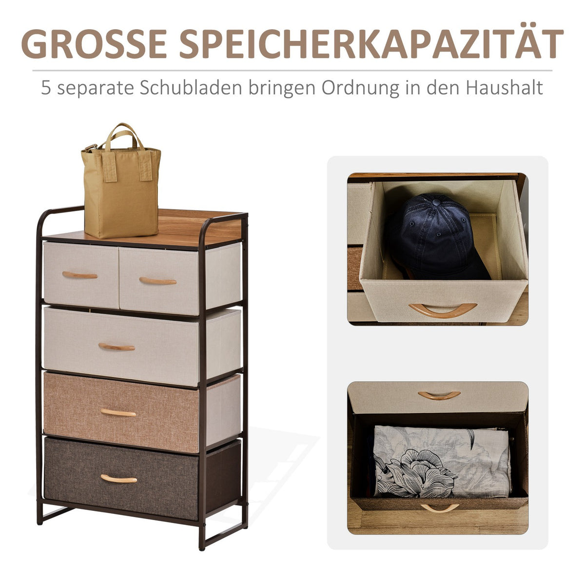 Chest of drawers, sideboard with 5 foldable fabric drawers, handle, storage cabinet with anti-tip protection for living room, bedroom, brown