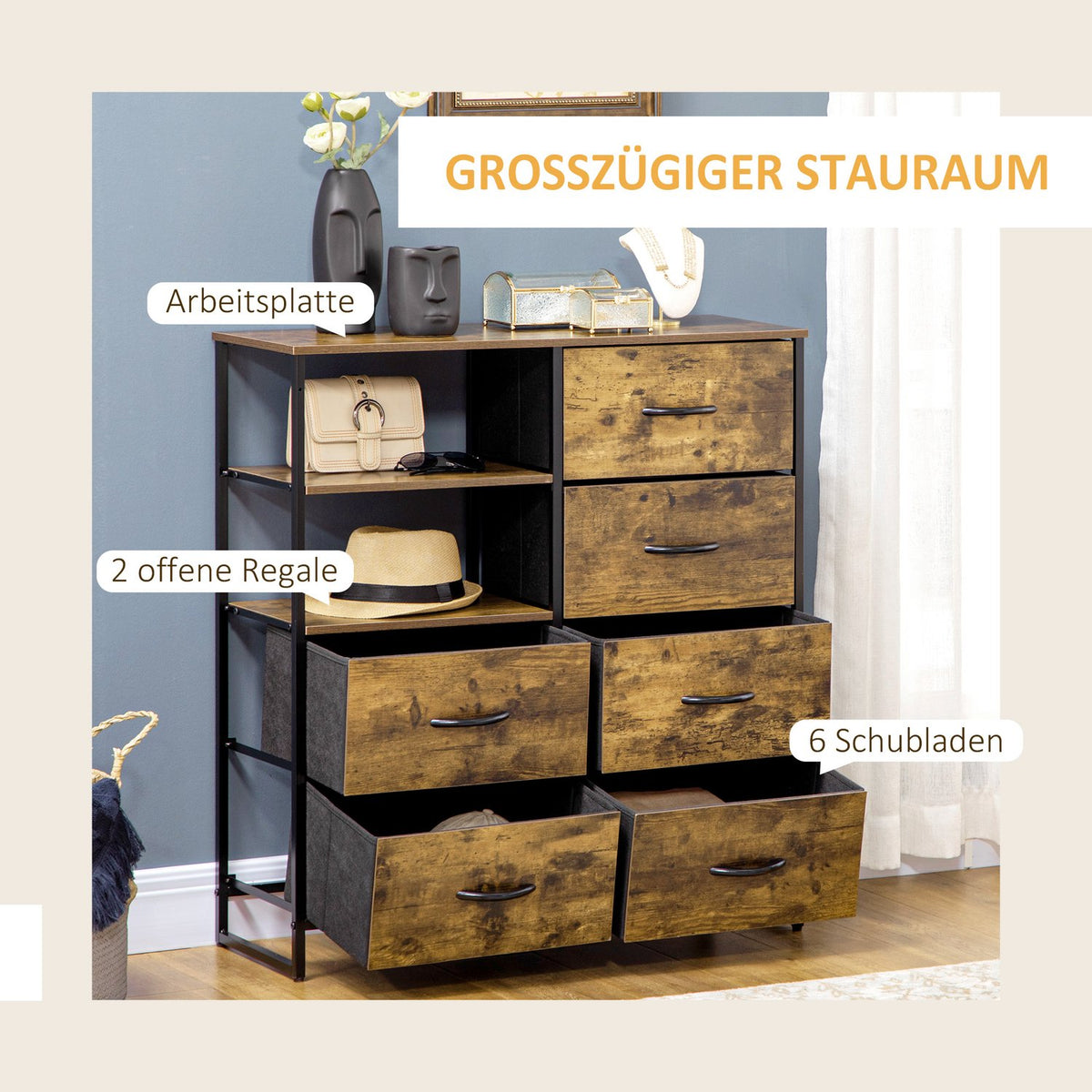 Chest of drawers, sideboard with 6 foldable fabric drawers, 2 shelves, storage cabinet with industrial design for living room, bedroom, rustic brown