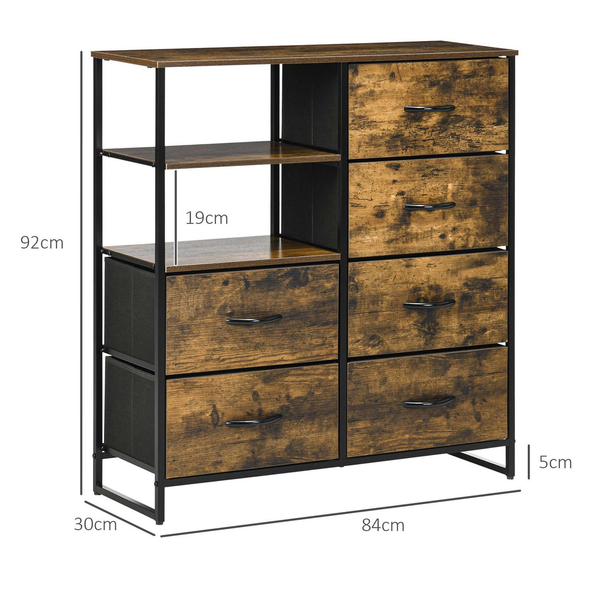 Chest of drawers, sideboard with 6 foldable fabric drawers, 2 shelves, storage cabinet with industrial design for living room, bedroom, rustic brown