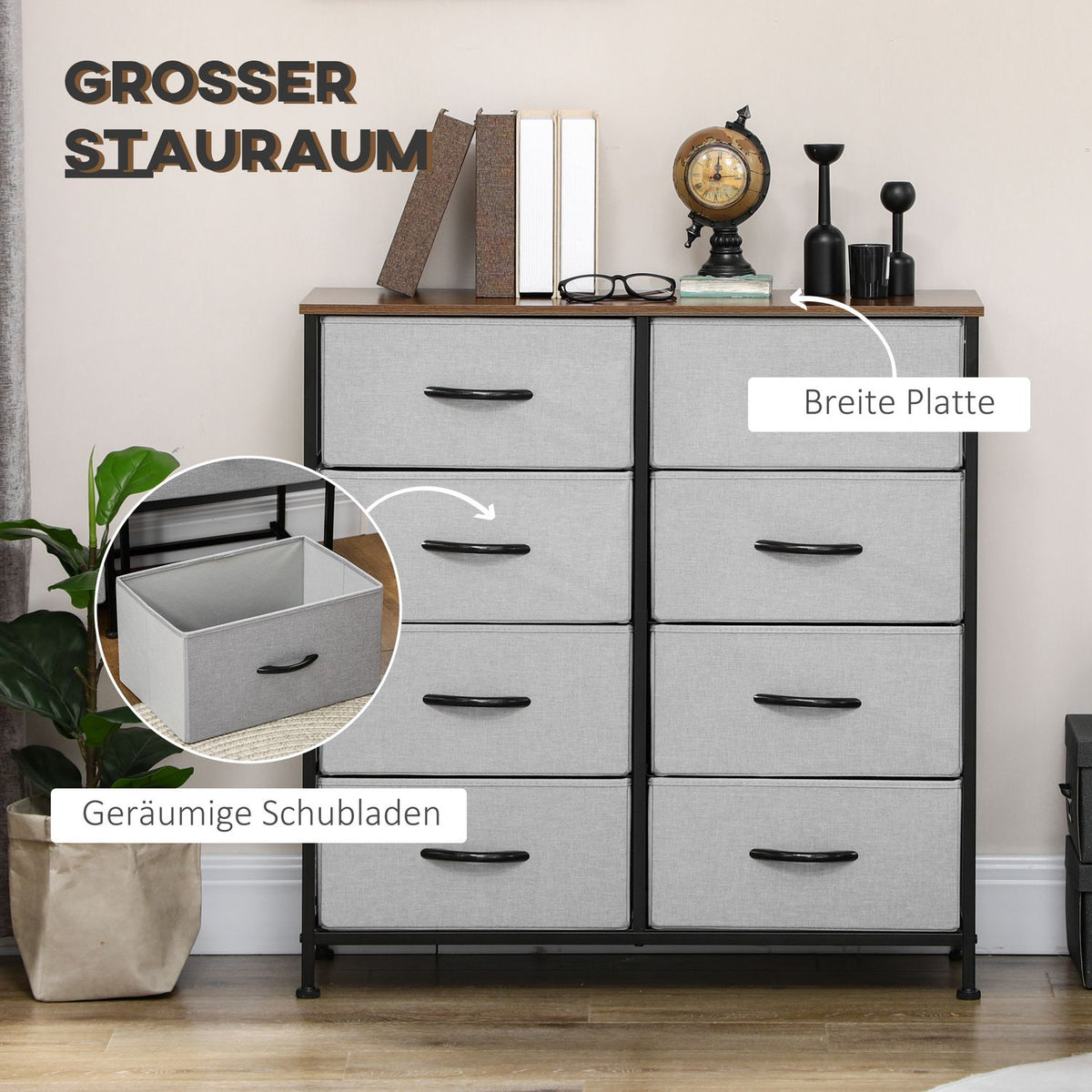 Chest of drawers sideboard with 8 folding fabric drawers, drawer cabinet with worktop, handle, multi-purpose cabinet with tilt protection, for living room, bedroom, gray