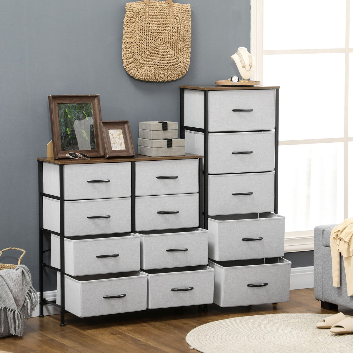 Chest of drawers sideboard with 8 folding fabric drawers, drawer cabinet with worktop, handle, multi-purpose cabinet with tilt protection, for living room, bedroom, gray