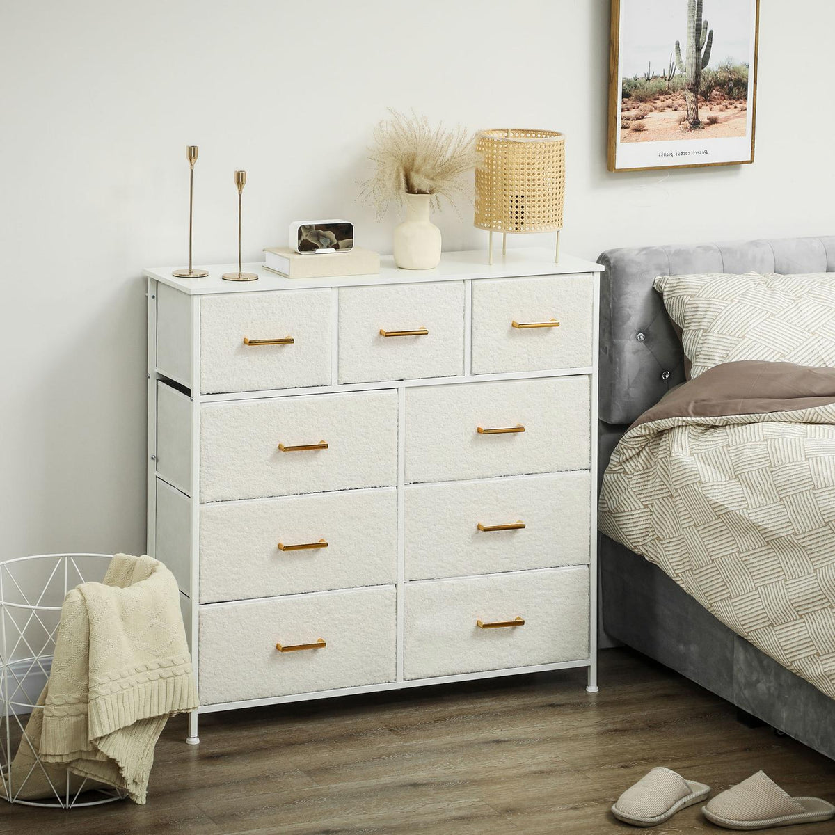 Chest of drawers sideboard with 9 fabric drawers, drawer cabinet with worktop, handle, storage cabinet for living room, bedroom, cream white |