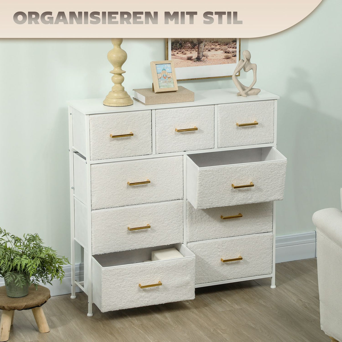 Chest of drawers sideboard with 9 fabric drawers, drawer cabinet with worktop, handle, storage cabinet for living room, bedroom, cream white |