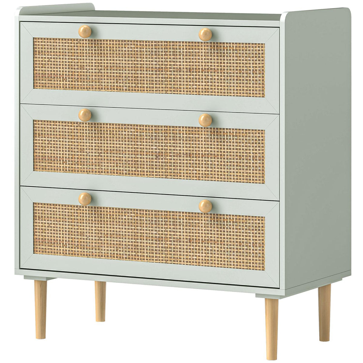 Chest of drawers side cabinet with 3 drawers, sideboard with boho style, rattan look, drawer chest of drawers for living room, bedroom, light blue 80 x 40 x 87.5 cm