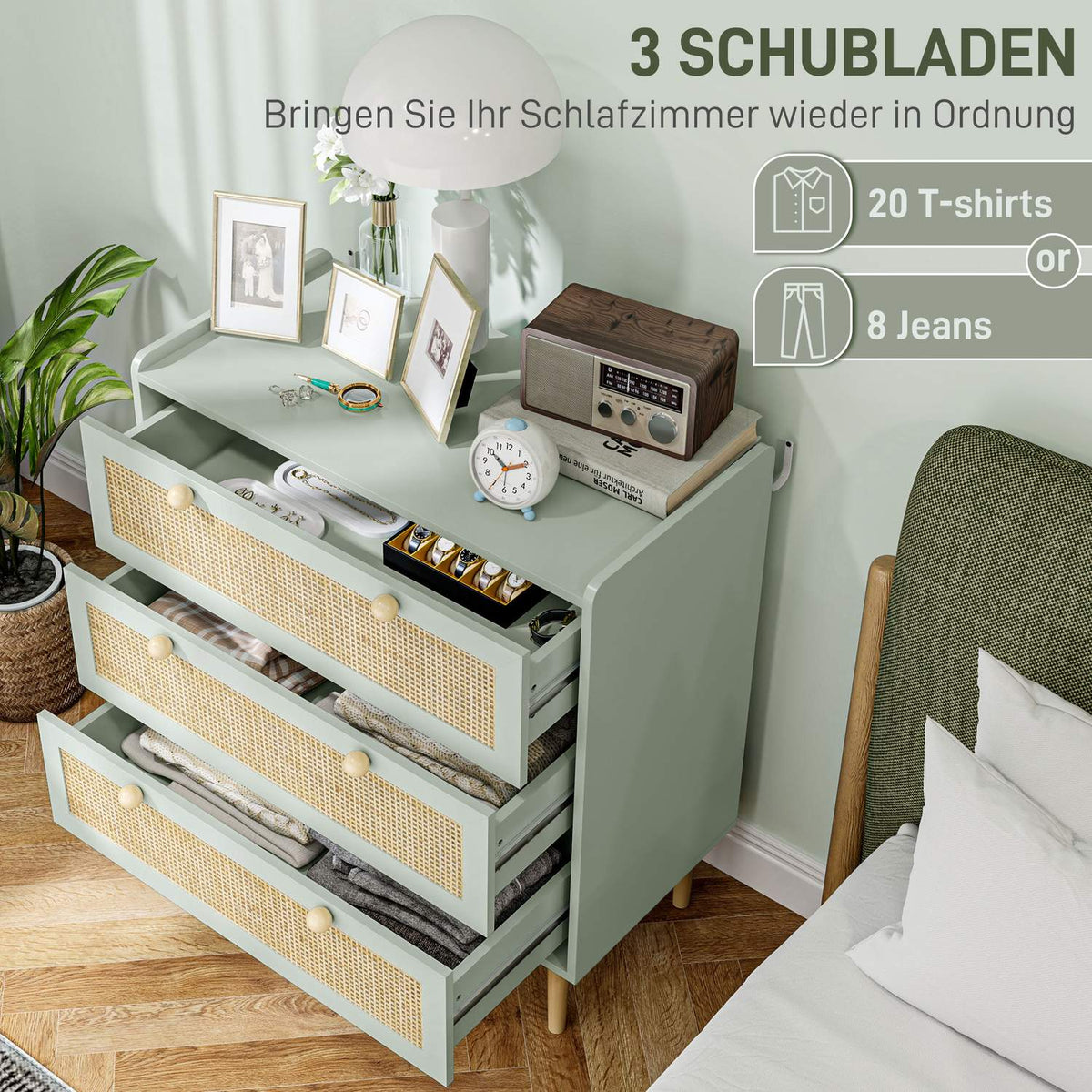 Chest of drawers side cabinet with 3 drawers, sideboard with boho style, rattan look, drawer chest of drawers for living room, bedroom, light blue 80 x 40 x 87.5 cm