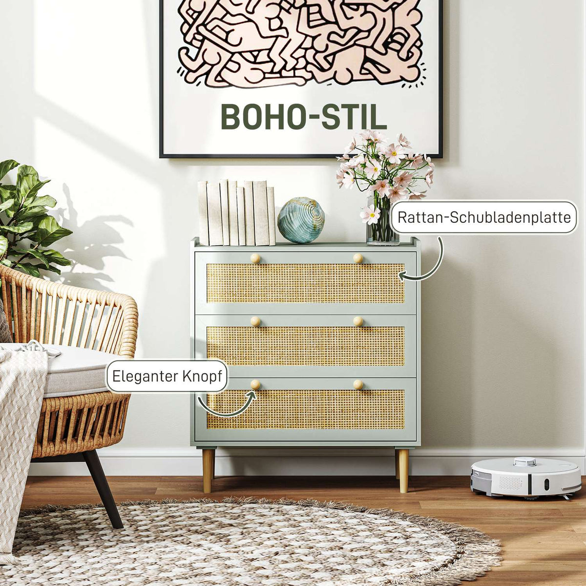 Chest of drawers side cabinet with 3 drawers, sideboard with boho style, rattan look, drawer chest of drawers for living room, bedroom, light blue 80 x 40 x 87.5 cm