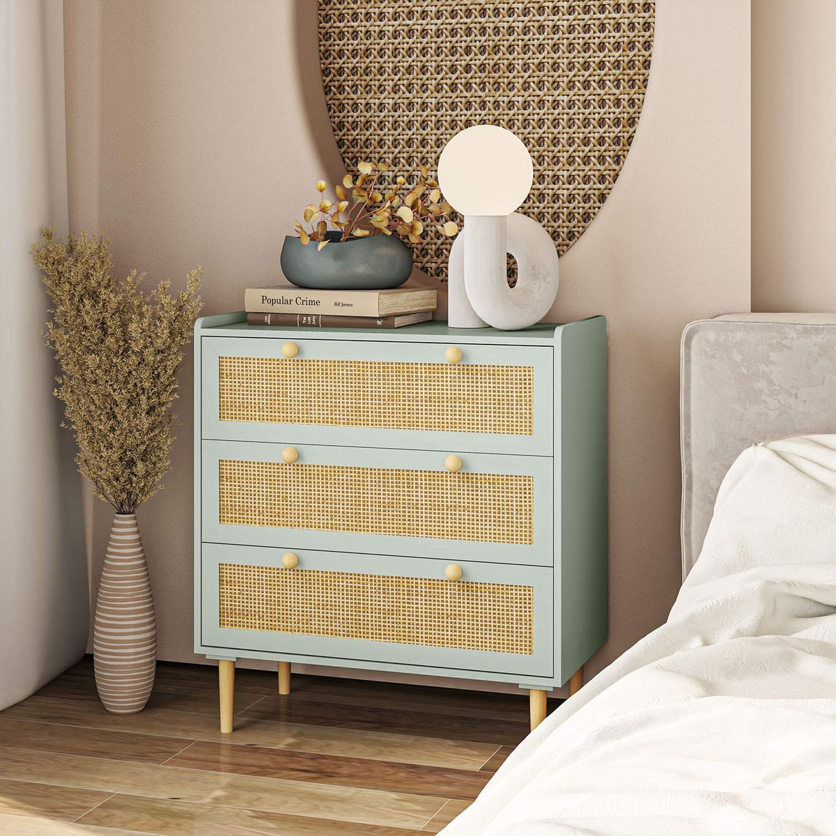 Chest of drawers side cabinet with 3 drawers, sideboard with boho style, rattan look, drawer chest of drawers for living room, bedroom, light blue 80 x 40 x 87.5 cm