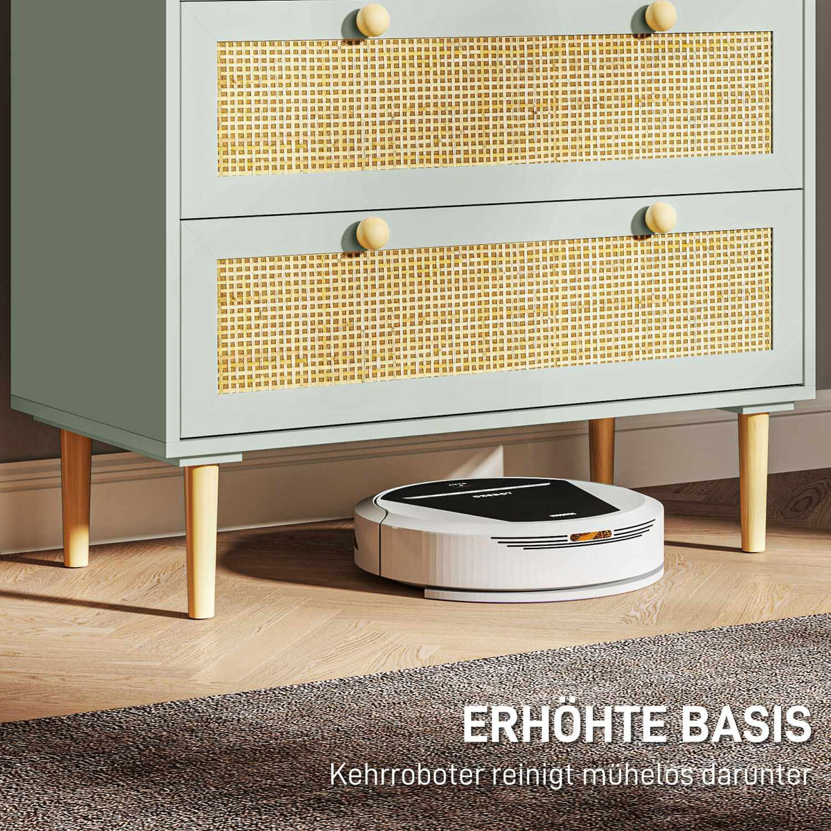 Chest of drawers side cabinet with 3 drawers, sideboard with boho style, rattan look, drawer chest of drawers for living room, bedroom, light blue 80 x 40 x 87.5 cm