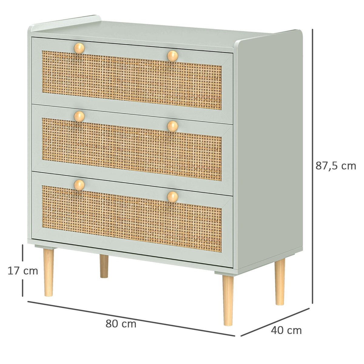 Chest of drawers side cabinet with 3 drawers, sideboard with boho style, rattan look, drawer chest of drawers for living room, bedroom, light blue 80 x 40 x 87.5 cm