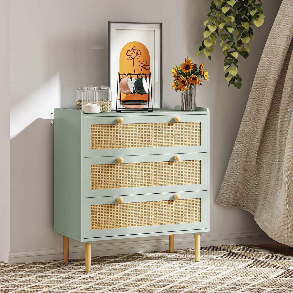 Chest of drawers side cabinet with 3 drawers, sideboard with boho style, rattan look, drawer chest of drawers for living room, bedroom, light blue 80 x 40 x 87.5 cm