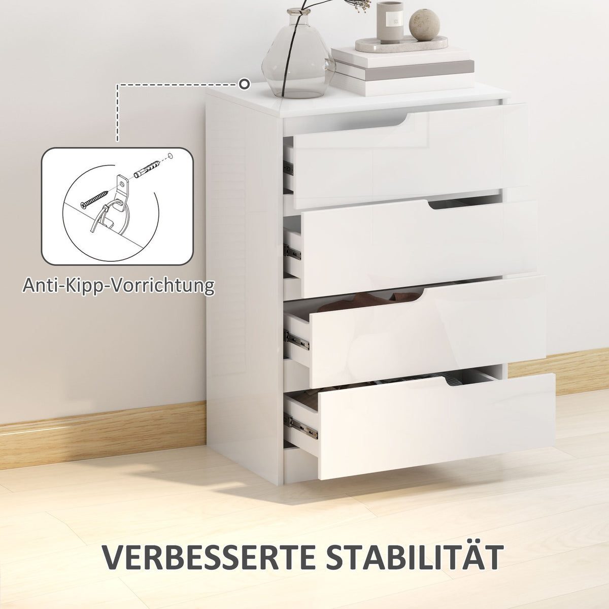 Chest of drawers side cabinet with 4 drawers, chest of drawers for living room, bedroom, high-gloss white 60 x 40 x 85cm |