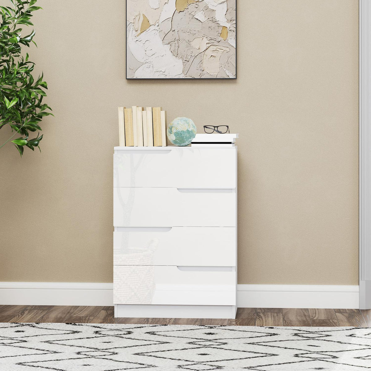 Chest of drawers side cabinet with 4 drawers, chest of drawers for living room, bedroom, high-gloss white 60 x 40 x 85cm |