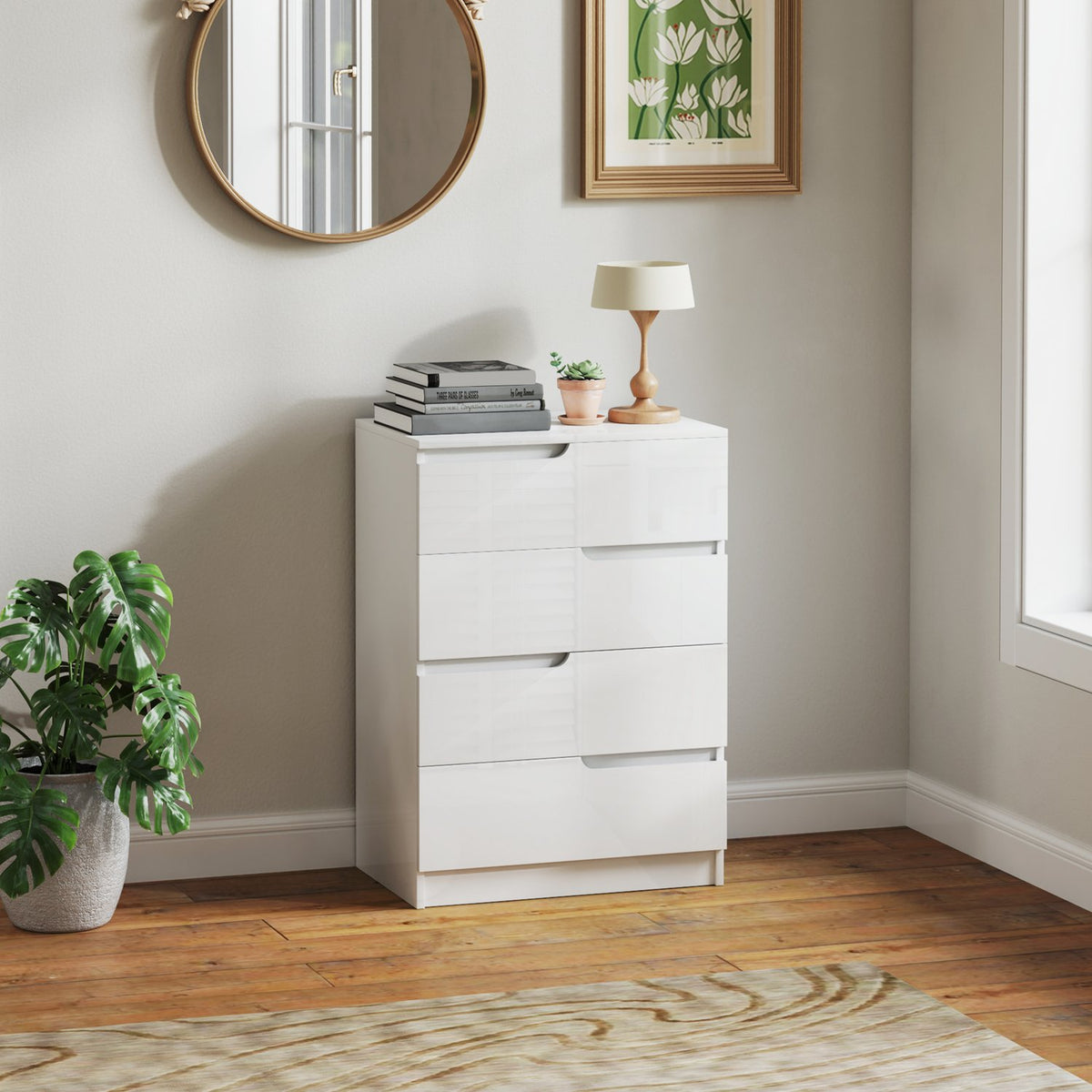 Chest of drawers side cabinet with 4 drawers, chest of drawers for living room, bedroom, high-gloss white 60 x 40 x 85cm |