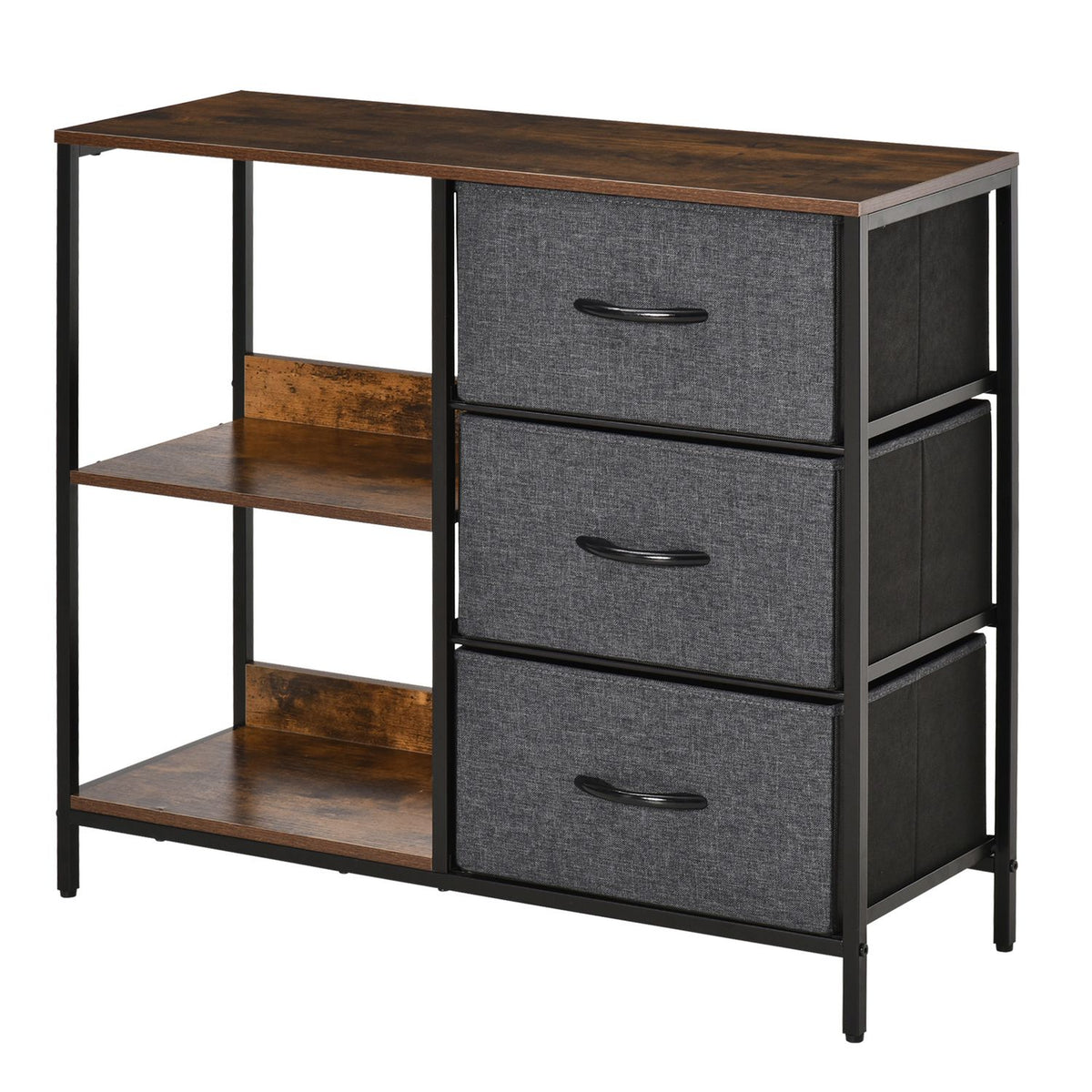 Chest of drawers storage cabinet with 3 fabric drawers, 2 open shelves, chest of drawers with metal frame for bedroom, living room brown
