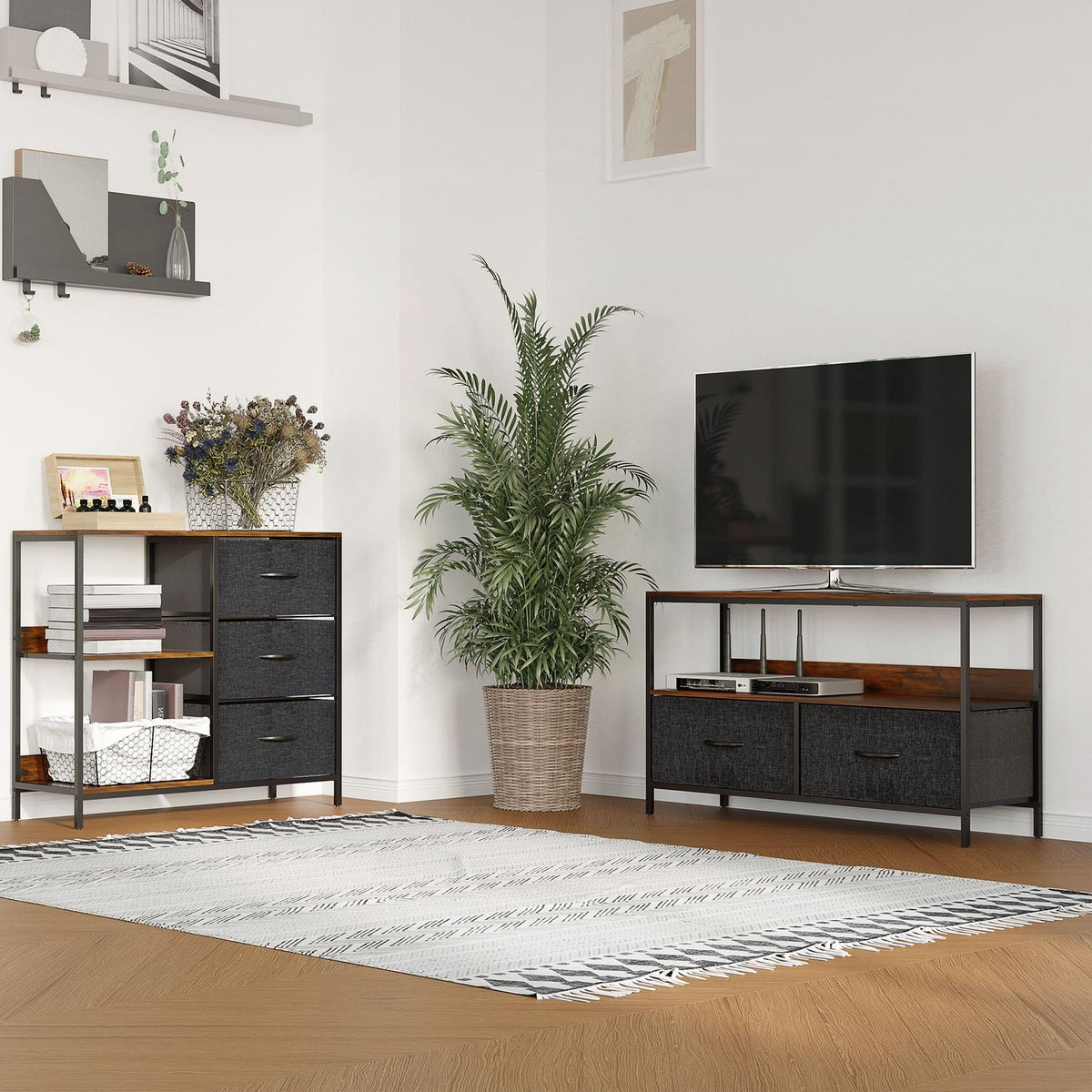 Chest of drawers storage cabinet with 3 fabric drawers, 2 open shelves, chest of drawers with metal frame for bedroom, living room brown