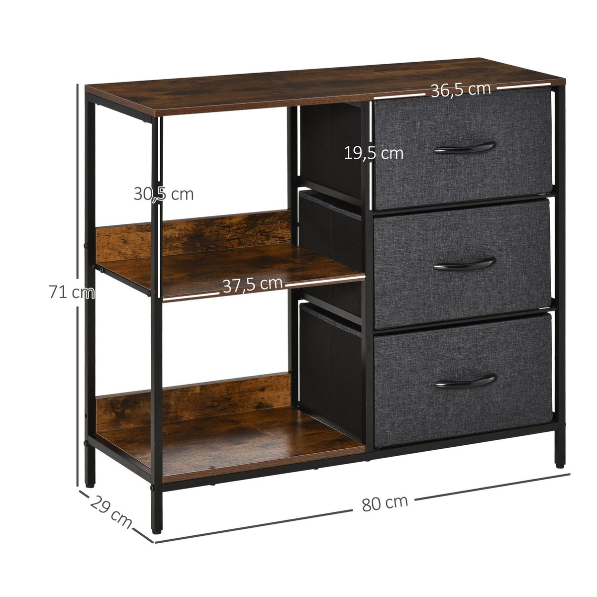 Chest of drawers storage cabinet with 3 fabric drawers, 2 open shelves, chest of drawers with metal frame for bedroom, living room brown