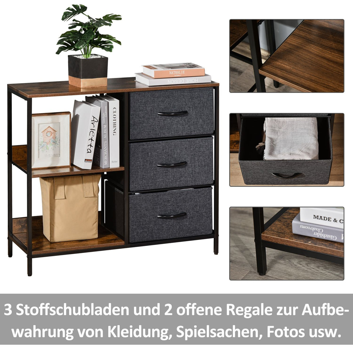 Chest of drawers storage cabinet with 3 fabric drawers, 2 open shelves, chest of drawers with metal frame for bedroom, living room brown