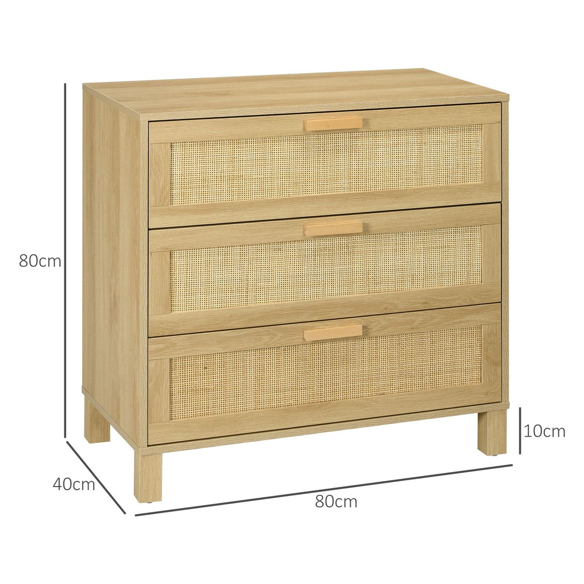 Chest of drawers with 3 drawers, anti-tip protection, rattan look, side cabinet for living room, bedroom, natural, 80x40x80cm