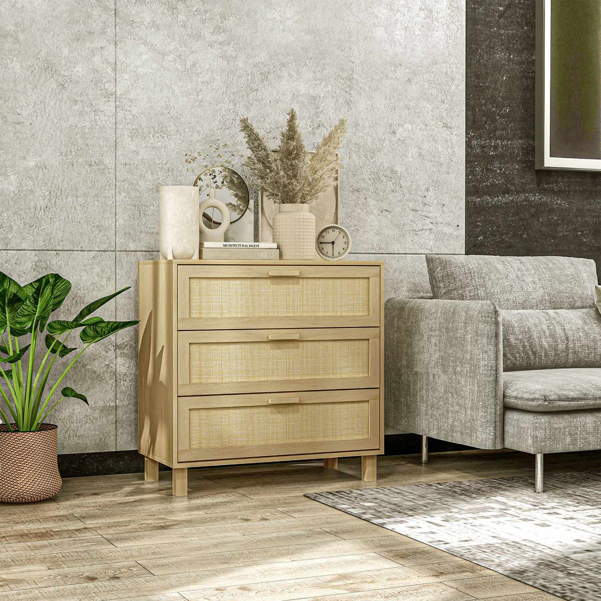 Chest of drawers with 3 drawers, anti-tip protection, rattan look, side cabinet for living room, bedroom, natural, 80x40x80cm