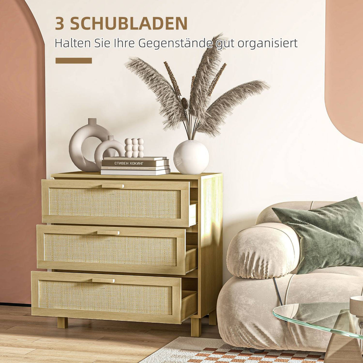 Chest of drawers with 3 drawers, anti-tip protection, rattan look, side cabinet for living room, bedroom, natural, 80x40x80cm
