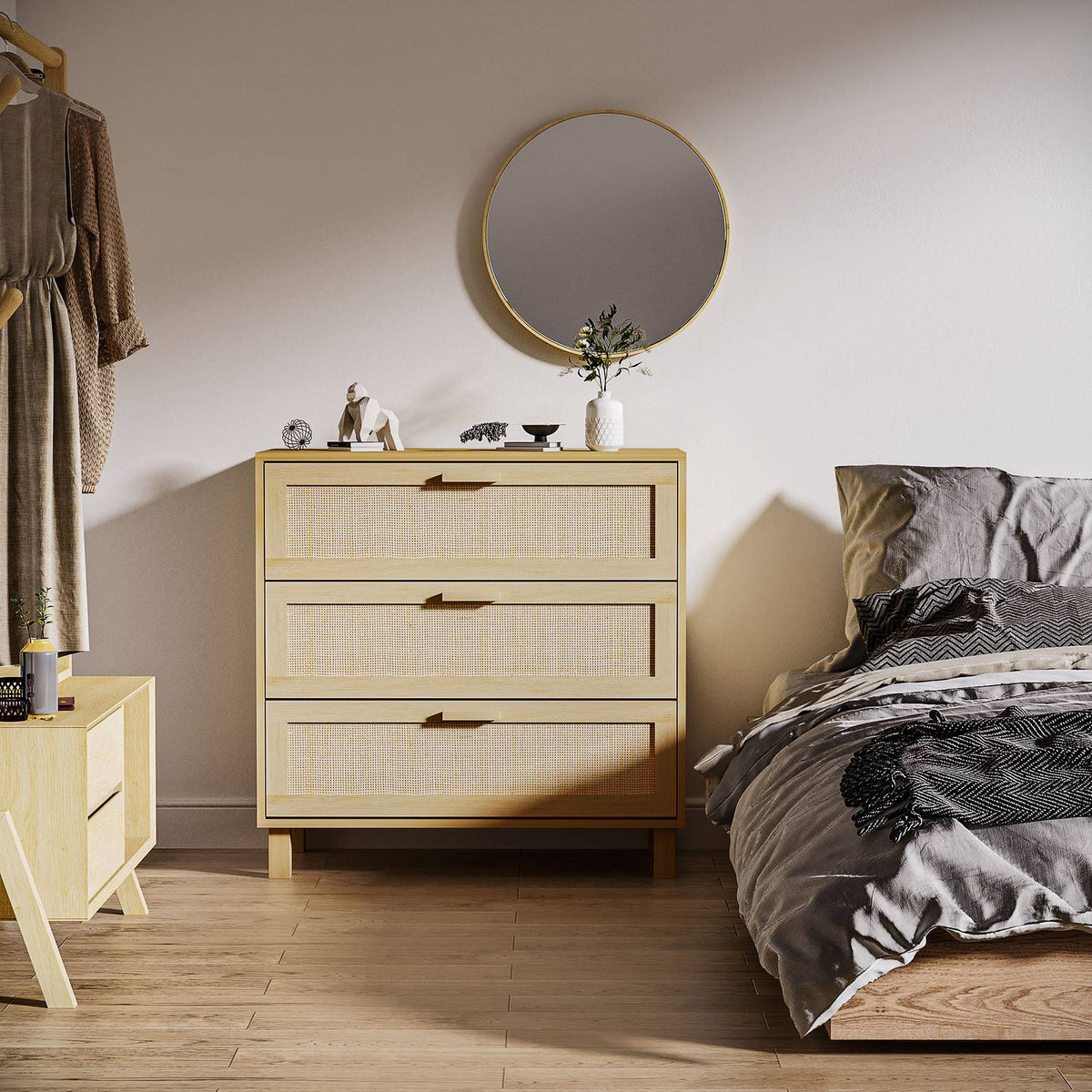 Chest of drawers with 3 drawers, anti-tip protection, rattan look, side cabinet for living room, bedroom, natural, 80x40x80cm