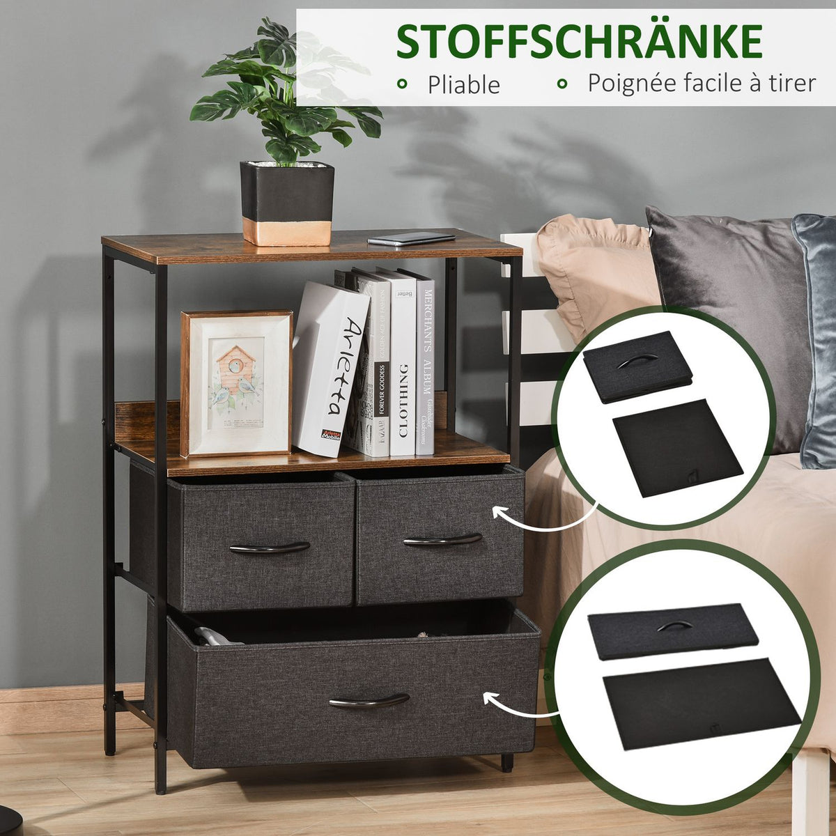 Chest of drawers with 3 drawers made of linen storage cabinet with shelf handles black