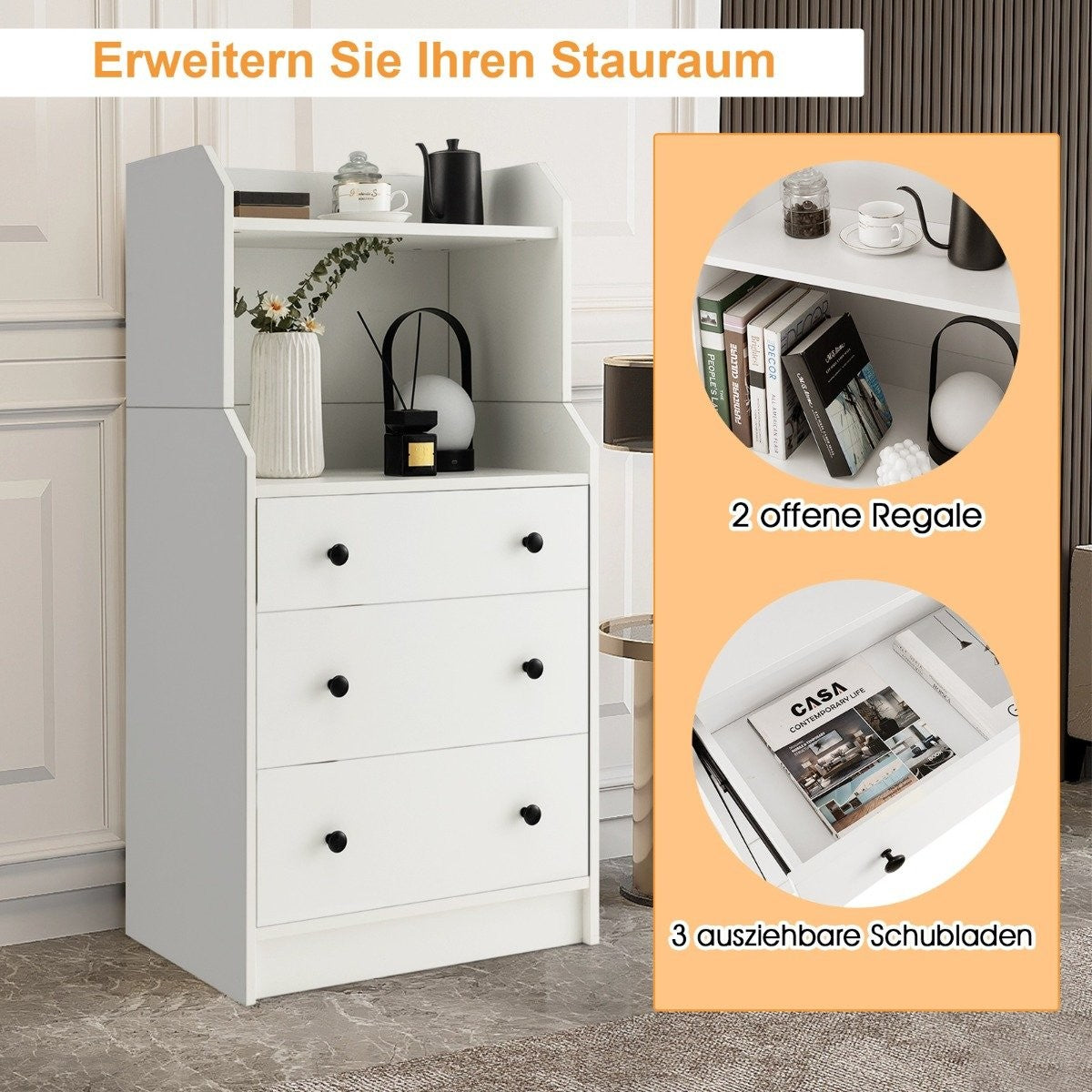 Chest of drawers with 3 drawers & shelves & anti-tip device Drawer cabinet White